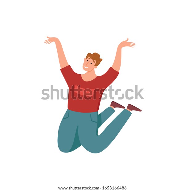 幸せな若い男性がさまざまなポーズのベクターイラストでジャンプしています 手を上げた喜びの笑い男の漫画のコンセプト パーティー スポーツ ダンス 幸せ 成功のためのフラットポジティブな少年のライフスタイルデザイン のベクター画像素材 ロイヤリティフリー