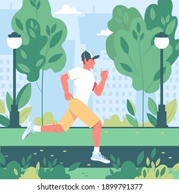 Feliz joven corriendo en el parque de la ciudad. Estilo de vida activo y saludable, entrenamiento, ejercicio cardiovascular. Ilustración vectorial en estilo plano