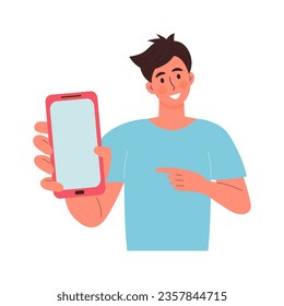 Happy young guy showing a smartphone. Man holds a mobile phone in one hand and points at it with the index finger of his other hand. Cartoon flat vector character.