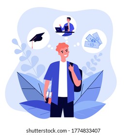 Happy young guy thinking about future opportunities. Study, job, money flat vector illustration. Education and career concept for banner, website design or landing web page