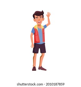 happy young guy welcoming friend on bund cartoon vector. happy young guy welcoming friend on bund character. isolated flat cartoon illustration