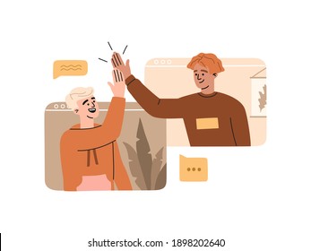 Happy young guys have online video conference at desktop screen, work at home, virtual conversation with friends, smiling man giving high five, vector illustration in flat cartoon style, pastel colors