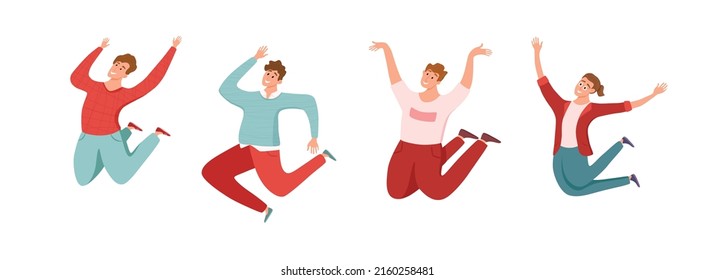 Happy young guys jumping in different poses vector illustration. Cartoon concept of joyful laughing men with raised hands. Flat positive boys lifestyle design for party, sport, dance, happiness, succe