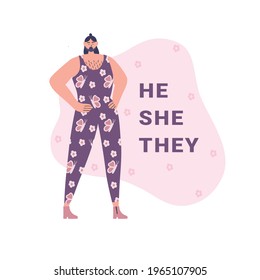 Happy young handsome character with beard and long hair staying in colourful clothes. Text he she they. Gender neutrality,  identity, transgender, .Vector hand drawn illustration