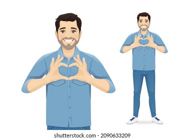 Feliz joven y apuesto hombre haciendo forma de corazón con las manos paradas. Ilustración vectorial aislada del concepto de amor