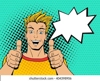 Happy young handsome surprised man shows thumb up with speech bubble. Vector illustration in pop art, comic, retro style. Vector character.