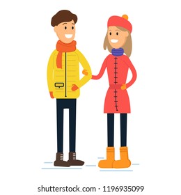 Happy young heterosexual couple in winter clothes enjoying their time together. Vector illostration of people isoldated on white background.