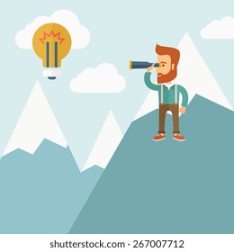 A Happy young hipster man with the beard holding telescope looking the bulb on the top of the blue mountain with snow trying to get some ideas on the sky. A contemporary style with pastel palette soft