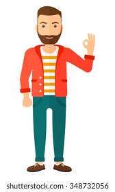 Un joven y feliz hipster con la barba gestando la señal OK vector de la ilustración de diseño plano aislado en el fondo blanco. Diseño vertical.