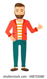 A happy young hipster man with the beard showing thumbs up sign vector flat design illustration isolated on white background. Vertical layout.