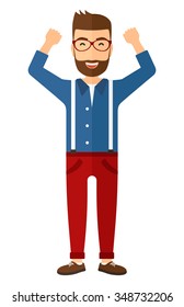 A Happy Young Hipster Man In Glasses With Raised Hands Up Vector Flat Design Illustration Isolated On White Background. Vertical Layout.