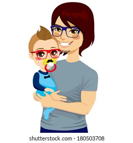 Happy young hipster style father with glasses holding and hugging his cute little baby boy with pacifier