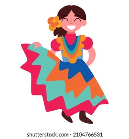 Happy young Hispanic dancer-girl in long colorful dress vector illustration