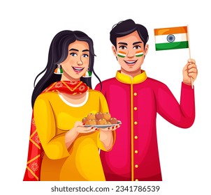 Happy Young Indian couple holding Indian National flag and sweets. Celebrating Independence day or Republic day. Eps 10 vector