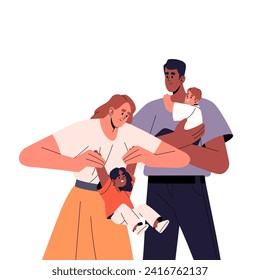 La joven y feliz familia interracial pasa tiempo juntos. La madre juega con el niño, el padre sostiene al niño. Los padres aman a los niños. Gente con hijo, hija. Ilustración vectorial aislada plana sobre fondo blanco