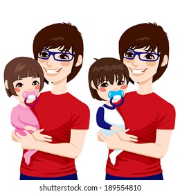 Happy young Japanese father with glasses holding and hugging his cute little baby boy and girl with pacifier