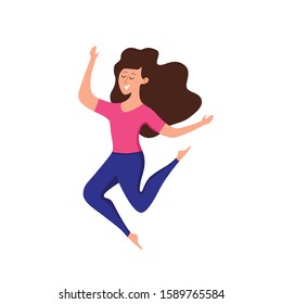 Happy young jumping girl vector illustration. Cartoon concept of joyful laughing woman with raised hands. Flat positive lifestyle design for party, sport, dance, happiness, success