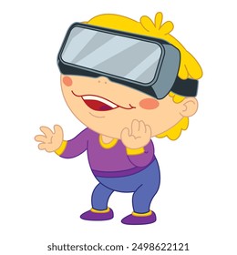 Happy young kid wearing a virtual reality headset, exploring a digital world