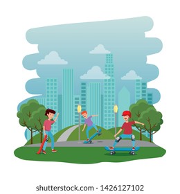 happy young kids in skateboard on the park with road