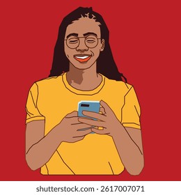 happy young lady checking her cell phone