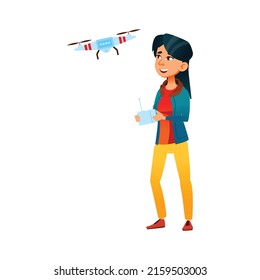 happy young lady control drone in park cartoon vector. happy young lady control drone in park character. isolated flat cartoon illustration