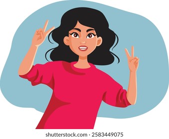 
Happy Young Lady Making Victory Sign Vector Cartoon Character. Cheerful energetic woman feeling accomplished and confident 
