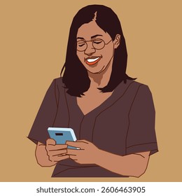 happy young lady reading her phone messages
