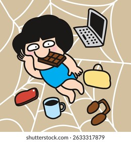 Happy Young Lady Resting In Web Concept Cartoon Character illustration