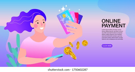 happy young lady showing plastic credit card while holding mobile phone. Gold coins are transferred from smartphone. Infographic flat design concept payment channel. Vector illustration EPS10.