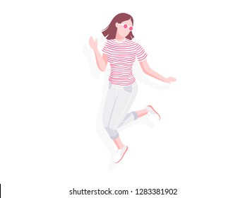 Happy young lady student jumps isolated on white background. Vector illustration