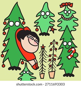 Feliz Jovem Senhora Cercado por Árvores de Natal Conceito desenho animado Personagem ilustração