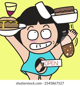 Happy Young Lady's Belly Is Ready To Eat Concept Cartoon Character illustration