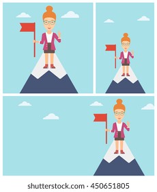 Happy young leader business woman holding a red flag on the top of the mountain. Successful business concept. Vector flat design illustration. Square, horizontal, vertical layouts.