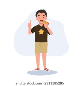 A happy young little boy eating hot dog. boy holding hot dog and show thunb up as good tase yummy. Flat vector cartoon illustration