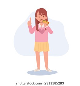 A happy young little girl eating hot dog. girl holding hot dog and show thunb up as good tase yummy. Flat vector cartoon illustration