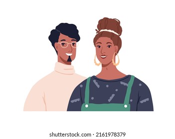 Happy young love couple of man and woman. Male and female friends, face portrait. Two romantic smiling people, husband and wife. Flat graphic vector illustration isolated on white background