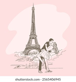 Happy young lovers couple kissing in front of Eiffel Tower. Valentines day banner.