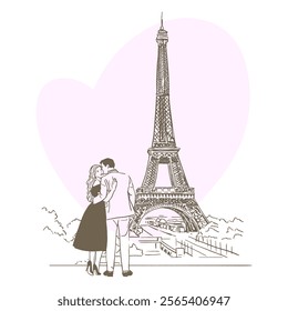 Happy young lovers couple kissing in front of Eiffel Tower. Valentines day banner.