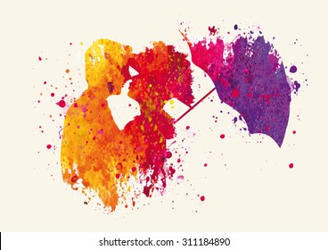 Happy young lovers couple kissing. Watercolor illustration