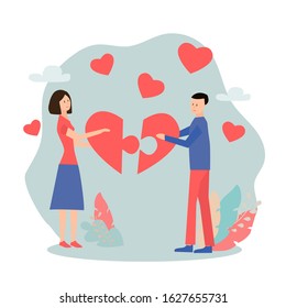 Happy young lovers give each other half piece of hearts. Valentine's Day concept, vector illustration