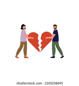 Happy young lovers give each other half piece of hearts. Valentine's Day concept, vector illustration