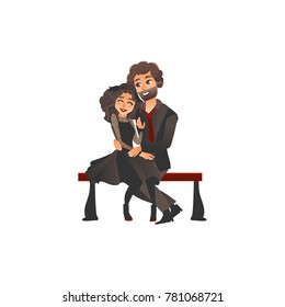 Happy young loving couple in gothic style clothing sitting and hugging on bench, flat vector illustration isolated on white background. Happy young couple in love dressed in black, sitting and hugging