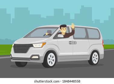 Happy young male driver leaning out of the new modern van window. Man sitting in a car on driver's place and raising his hand. Flat vector illustration template.