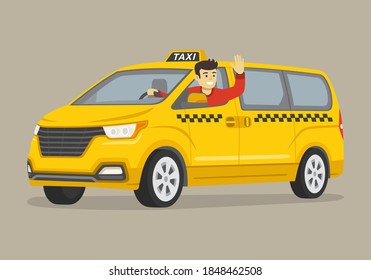 Happy young male driver leaning out of the van taxi window. Man sitting in a car on driver's place and raising his hand. Flat vector illustration template.