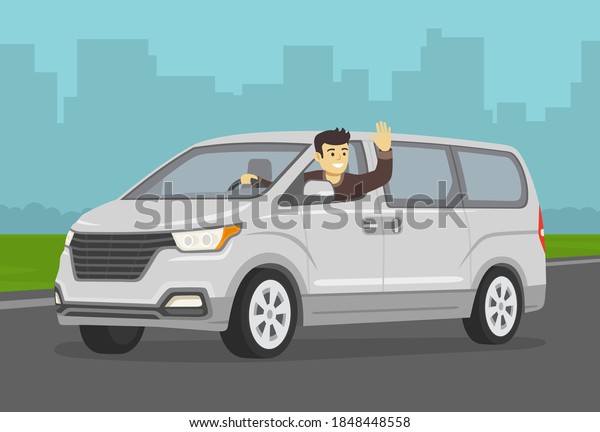 Happy young male driver
leaning out of the new modern van window. Man sitting in a car on
driver's place and raising his hand. Flat vector illustration
template.