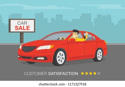 Happy young male driver looking through an open front window and holding keys to his new car. Flat vector illustration template.