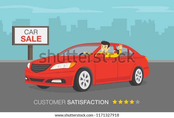 Happy young male driver looking through an open
front window and holding keys to his new car. Flat vector
illustration template.