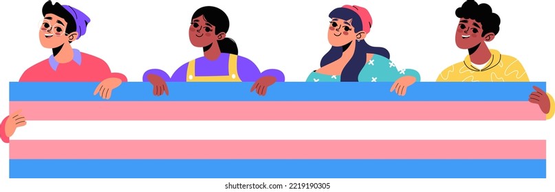 Happy young male and female characters holding transgender flag. Human rights, lesbian, gay, bisexual, transgender and queer people. LGBT pride vector flat illustration. Trans awareness month 