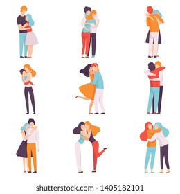 Happy Young Male and Female Embracing Each Other Set, People Celebrating Event, Couples in Love, Best Friends Vector Illustration