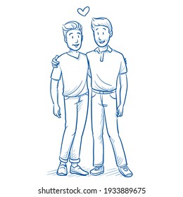 Happy young male homosexual couple. Cheerful alternative family or life concept. Hand drawn line art cartoon vector illustration.